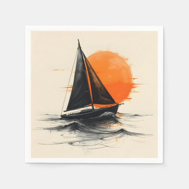Silhouette Sailboat Sketch With Orange Sun Napkin (Front)