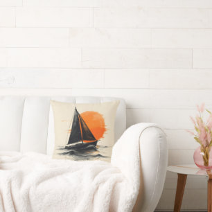 Silhouette Sailboat Sketch With Orange Sun Throw Pillow