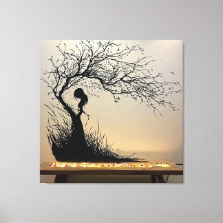 Silhouette Scene of Woman with Nature-Themed Canvas Print