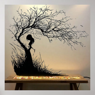Silhouette Scene of Woman with Nature-Themed Poster