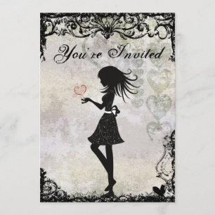 Silhouette Teen Girl and Hearts Birthday Invite