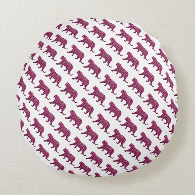 Silhouette Tiger Pink and Black Round Pillow (Front)