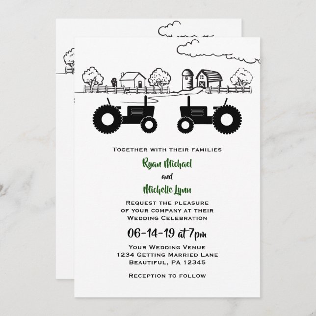 Silhouette Tractors and Farm Black - White Wedding Invitation (Front/Back)