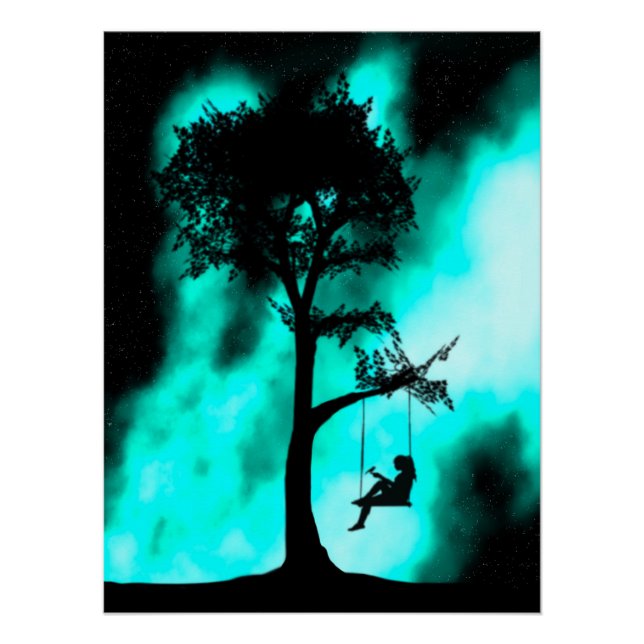 Silhouette Tree Swing Girl Galaxy Glossy Poster (Front)