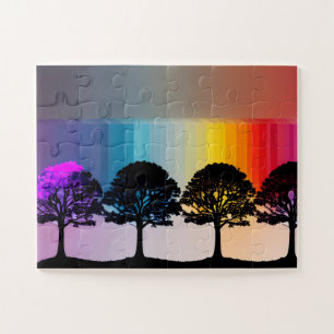 Silhouette Trees with Purple Leaves Rainbow Wall Jigsaw Puzzle