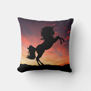 Silhouette Unicorn in Fiery Sunset Throw Pillow