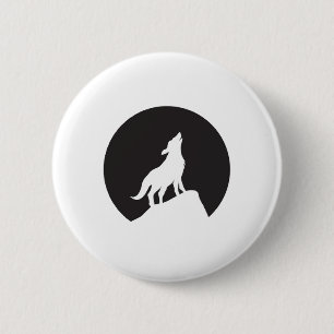 Silhouette Wolf on Rock with Moon 2 Inch Round Button