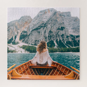 Silhouette Woman Alpine Lake Nature Jigsaw Puzzle