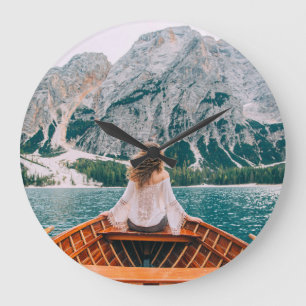 Silhouette Woman Alpine Lake Nature Large Clock