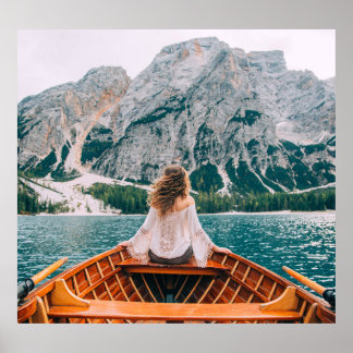 Silhouette Woman Alpine Lake Nature Poster