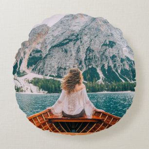 Silhouette Woman Alpine Lake Nature Round Pillow
