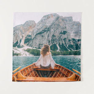 Silhouette Woman Alpine Lake Nature Tapestry