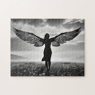 Silhouette Woman with Angel Wings in Black & White Jigsaw Puzzle