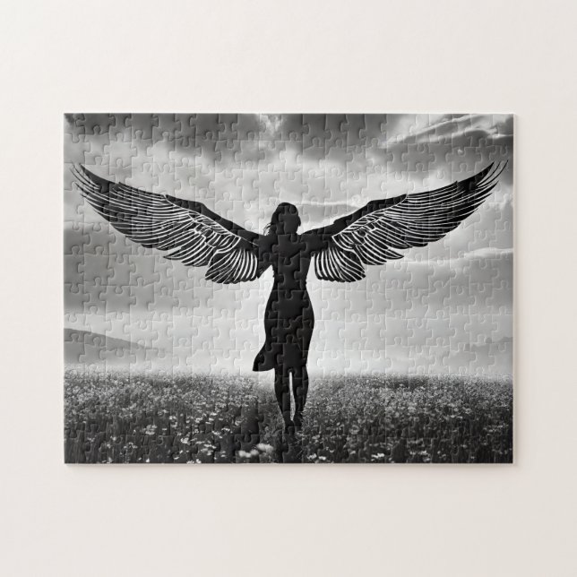 Silhouette Woman with Angel Wings in Black & White Jigsaw Puzzle (Horizontal)