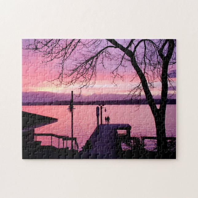 Silhouetted Couple on Dock with Pink Sunset Sky Jigsaw Puzzle (Horizontal)