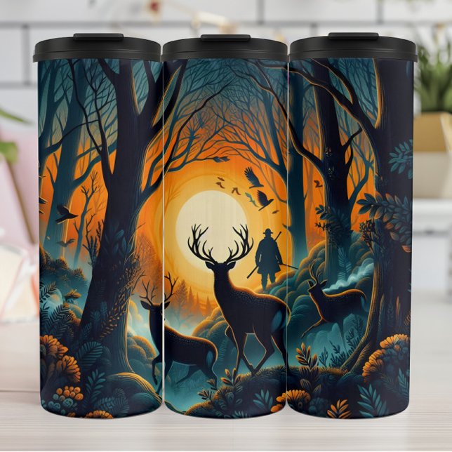 Silhouetted Deer Hunter in Sunset Woods. Thermal Tumbler (Creator Uploaded)