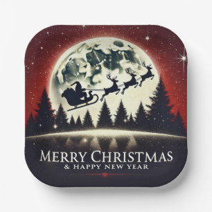 Silhouetted Santa and Reindeer Flying Paper Plate