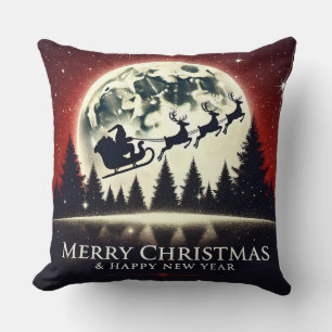 Silhouetted Santa and Reindeer Flying Throw Pillow