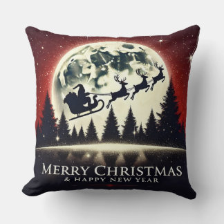 Silhouetted Santa and Reindeer Flying Throw Pillow