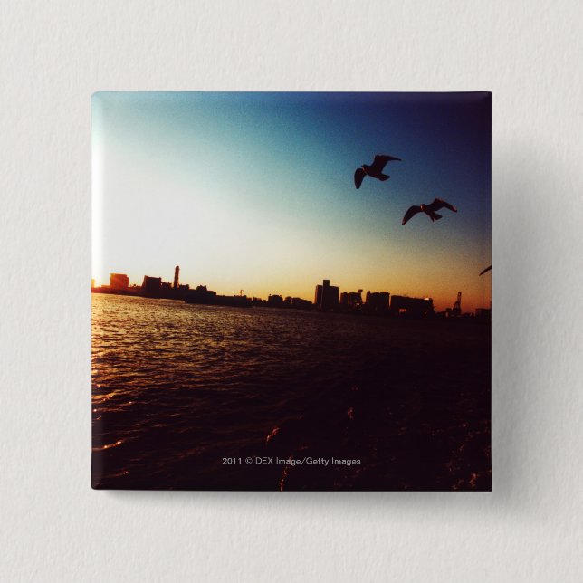 Silhouetted Tokyo Bay skyline at sunset 2 Inch Square Button (Front)