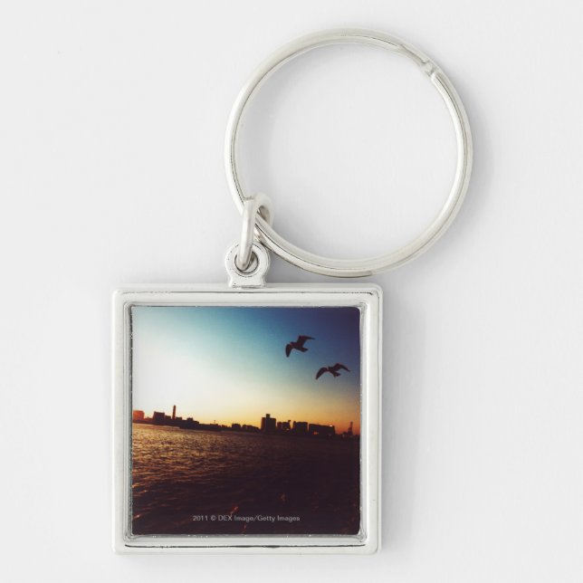 Silhouetted Tokyo Bay skyline at sunset Keychain (Front)