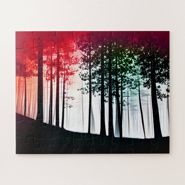 Silhouetted Trees in a Foggy Forest Red Mist Jigsaw Puzzle (Horizontal)