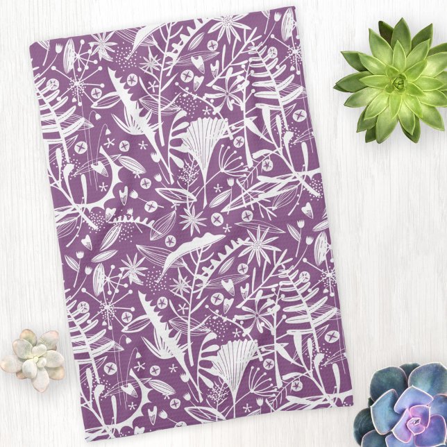 Silhouettes Botanical Floral Purple Kitchen Towel (Purple botanical floral art kitchen tea towel)