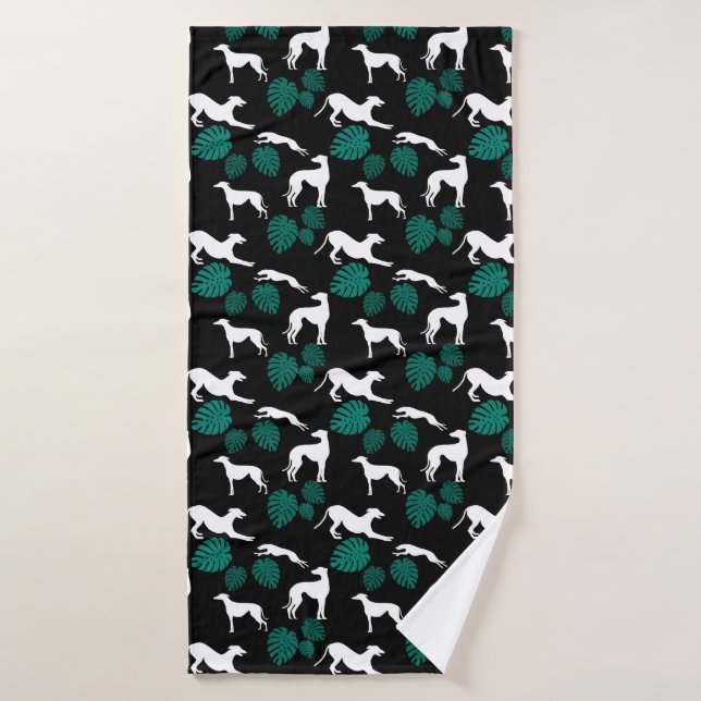 Silhouettes Greyt Greyhound avec Feuilles Monstera (Serviette de bain)