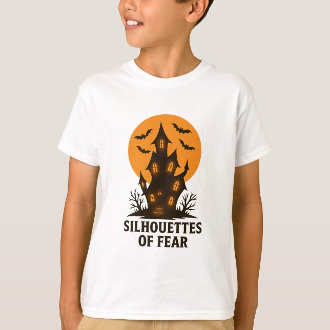 Silhouettes of Fear – Haunted House Halloween  T-Shirt (Front)