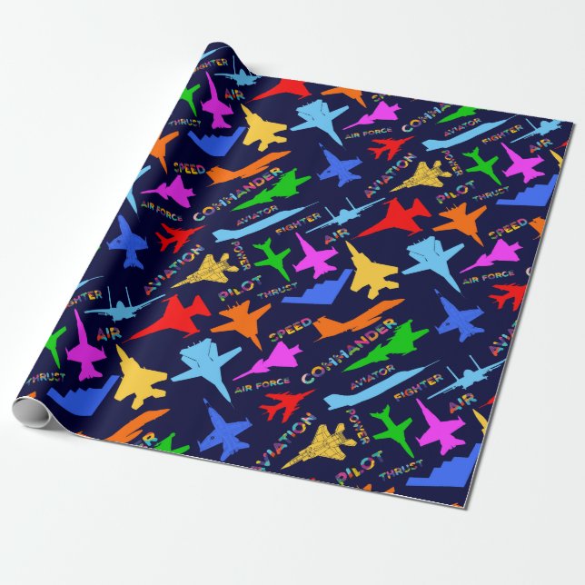 Silhouettes Of Military Aircrafts Pattern On Dark Wrapping Paper (Unrolled)