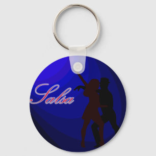 Silhouettes of Salsa dancers with blue background Keychain