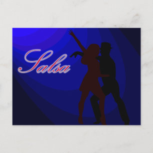 Silhouettes of Salsa dancers with blue background Postcard