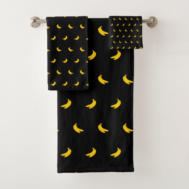 Silhouettes of Small Yellow Bananas on Black Bath Towel Set (Insitu)