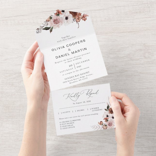 Silk Floral All in One Wedding Invitation (Tearaway)