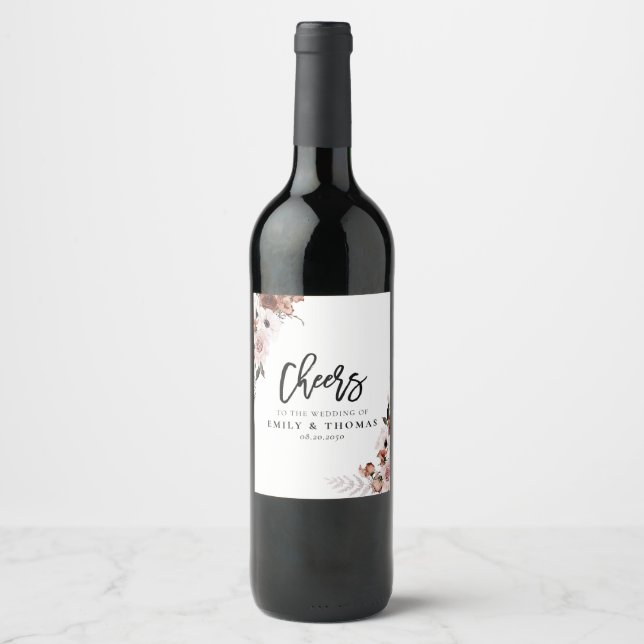 Silk Floral Wedding Wine Label (Front)