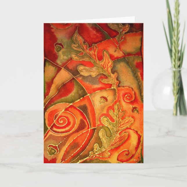 Silk Painted Acorn Oak Leaf greeting card By Cyn (Front)