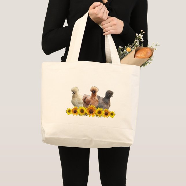 Silkie Bantam Chickens and Sunflowers Large Tote Bag (Front (Product))