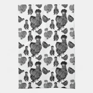 Silkie Bantam Chickens Line Art Drawings Kitchen Towel