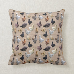 Silkie Bantam Chickens on Burlap Throw Pillow