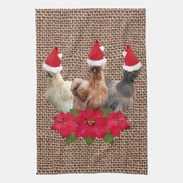 Silkie Bantam Christmas Chickens Santa Hats Burlap Kitchen Towel (Vertical)