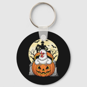 Silkie Chicken Happy Halloween Pumpkin Farm Animal Keychain