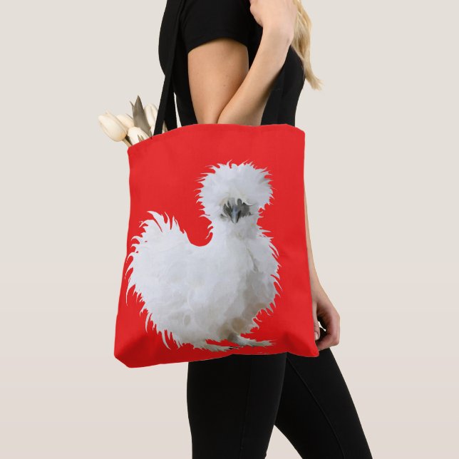 Silkie Chicken on Red Tote Bag (Close Up)