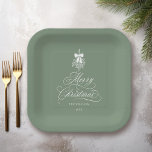 Silky Sage Romantic Calligraphy Merry Christmas  Paper Plate<br><div class="desc">This Christmas paper plate features elegant and romantic swirly calligraphy lettering,  accented with a winter berry holly bouquet. For more advanced customization of this design,  please click the BLUE DESIGN TOOL BUTTON. Matching items are also available.</div>