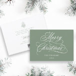 Silky Sage Romantic Merry Christmas Script Flat Holiday Card<br><div class="desc">This simple Christmas flat card features elegant and romantic swirly calligraphy lettering with a winter holly berry bouquet and custom text on the back. For more advanced customization of this design,  please click the BLUE DESIGN TOOL BUTTON above!</div>