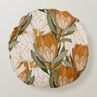 Silky Sage Rusty Orange Lotus Flower Round Pillow