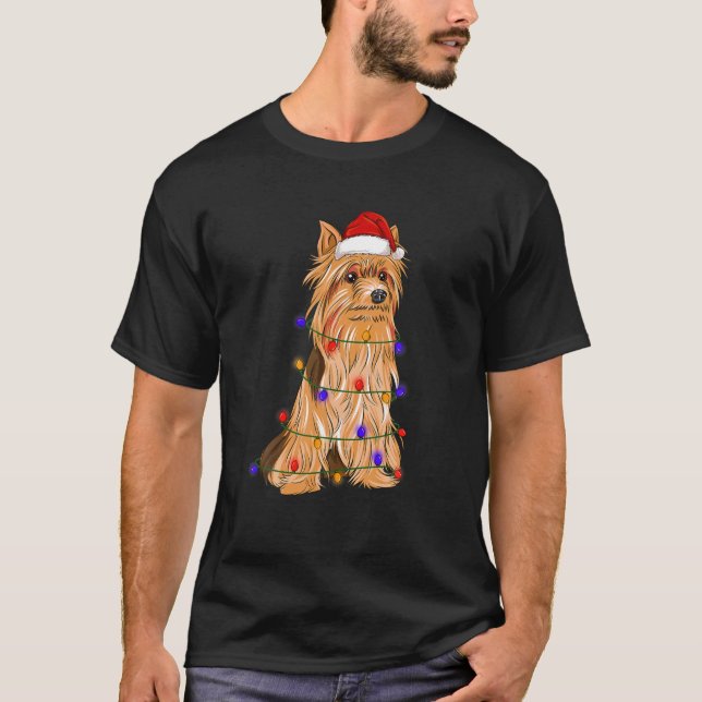 Silky Terrier Dog Wearing Christmas Hat Lights T-Shirt (Front)