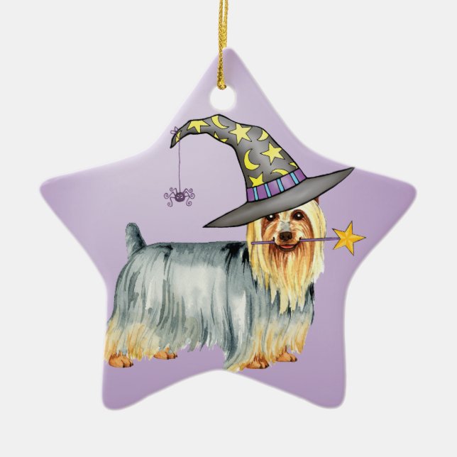 Silky Terrier Witch Ceramic Ornament (Front)
