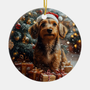Silky Wire Haired Dachshund Christmas Ceramic Ornament