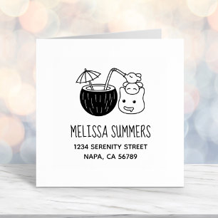 Silly Blob Creatures Having Coconut Drink Address Self-inking Stamp