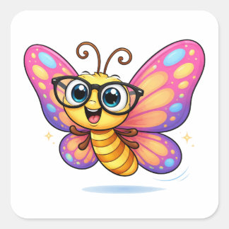 Silly Butterfly Cartoon With Glasses Square Sticker